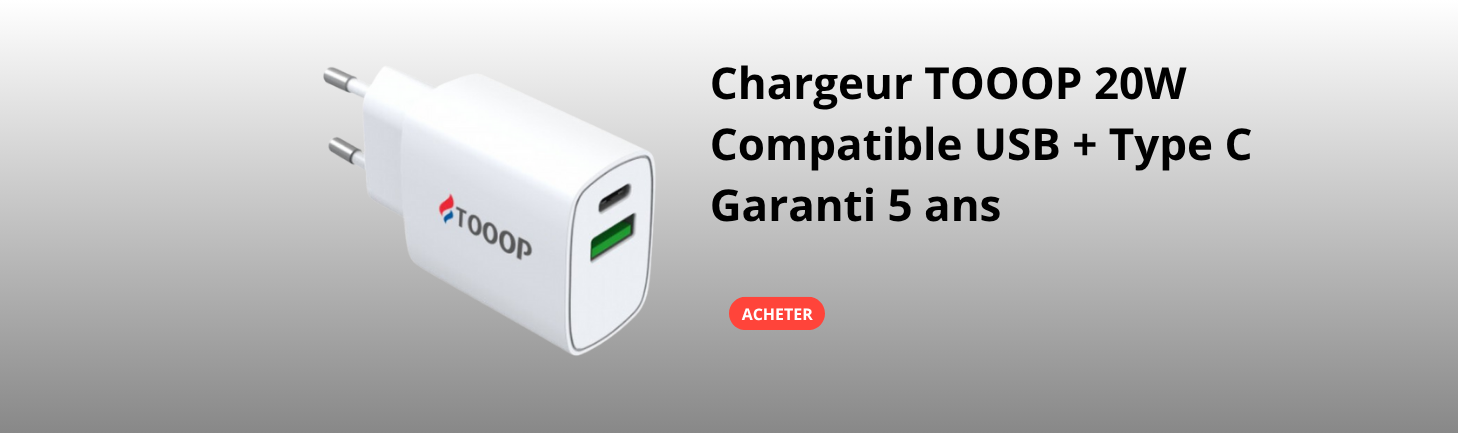 Chargeur 20W -USB+Type C ref TCH20ACW