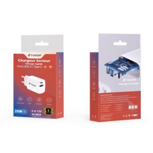 Chargeur Rapide 20W -USB+Type C ref TCH20ACW