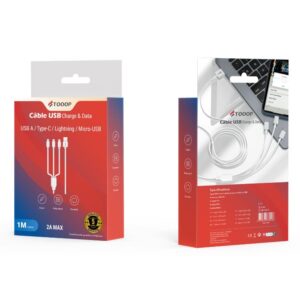 Cable 3 en 1 : USB vers Type C +Lightning + Micro USB -1 Metre -ref TCA3-1PW1