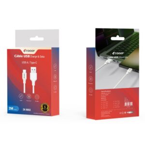 Cable USB vers Type C -2 Metres -Classique -ref TCAATCPW2 - Blanc